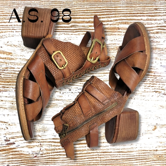 A.S. 98 Leather Gladiator Heeled Boots with Brass Accents Woven Leather - Picture 8 of 8